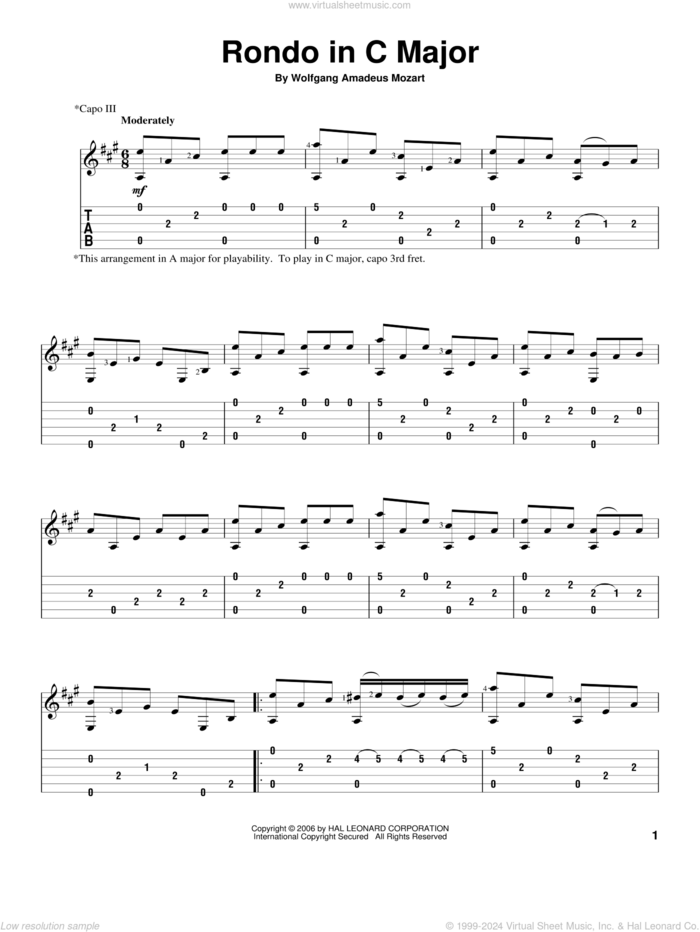 Rondo In C Major sheet music for guitar solo by Wolfgang Amadeus Mozart, classical score, intermediate skill level