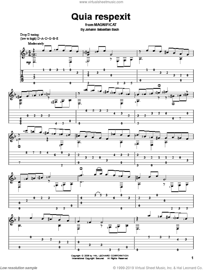 Quia Respexit sheet music for guitar solo by Johann Sebastian Bach, classical score, intermediate skill level