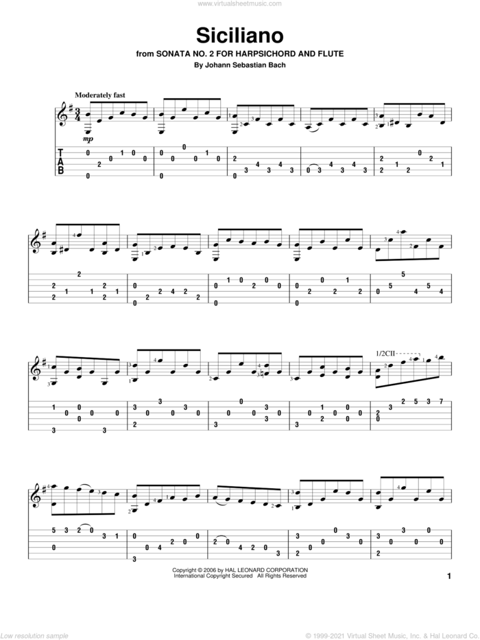 Siciliano sheet music for guitar solo by Johann Sebastian Bach, classical score, intermediate skill level