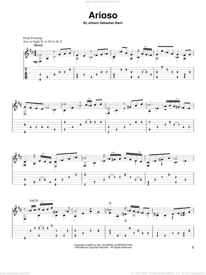 Arioso, (intermediate) sheet music for guitar solo by Johann Sebastian Bach, classical score, intermediate skill level
