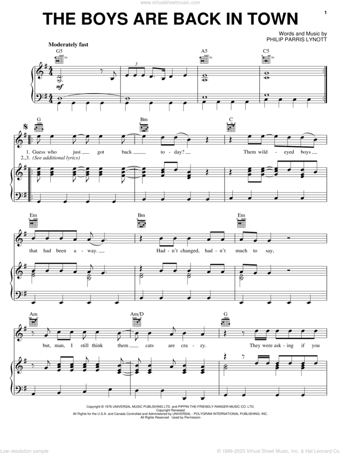 The Boys Are Back In Town sheet music for voice, piano or guitar by Thin Lizzy and Phil Lynott, intermediate skill level