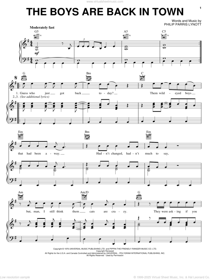 The Boys Are Back In Town sheet music for voice, piano or guitar by Thin Lizzy and Phil Lynott, intermediate skill level