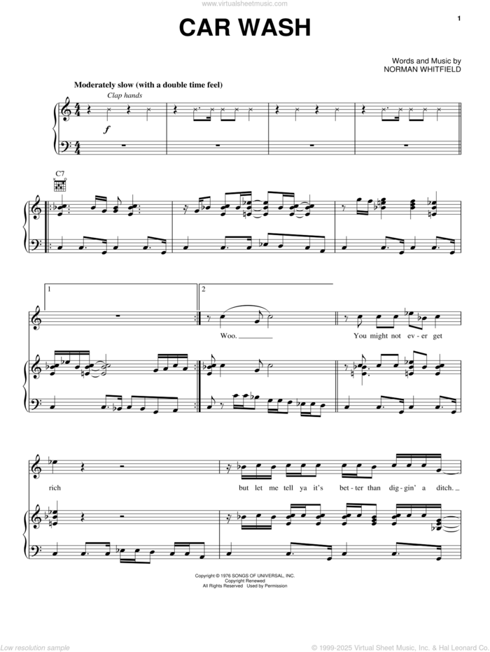 Car Wash sheet music for voice, piano or guitar by Rose Royce and Norman Whitfield, intermediate skill level