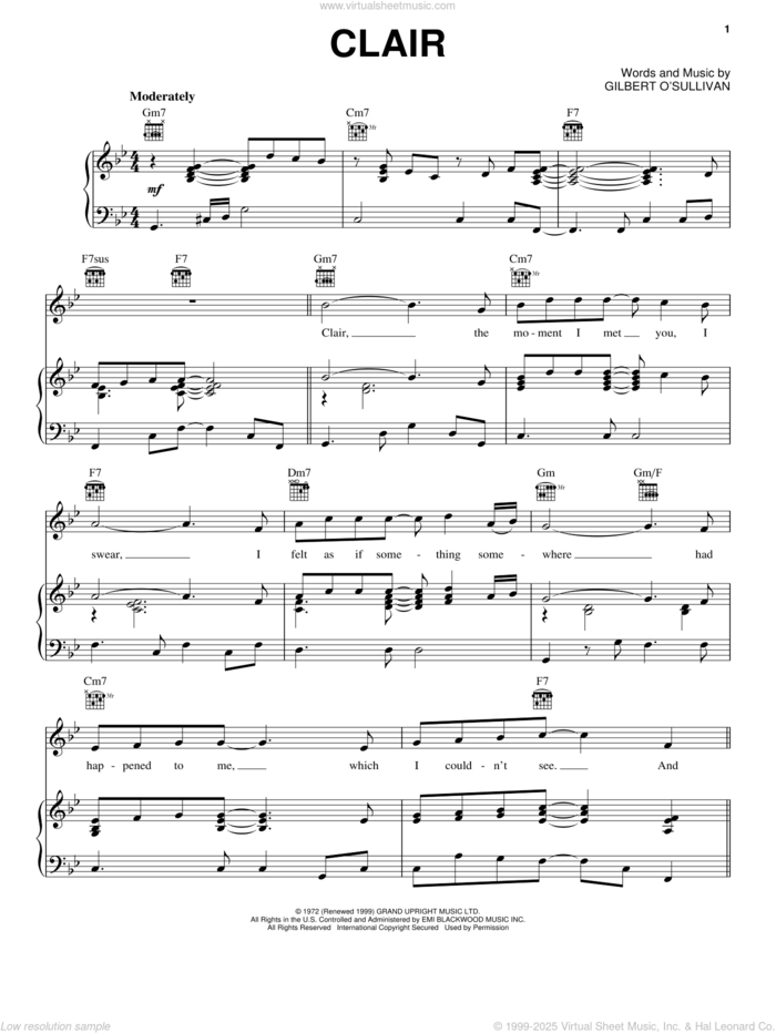 Clair sheet music for voice, piano or guitar by Gilbert O'Sullivan, intermediate skill level