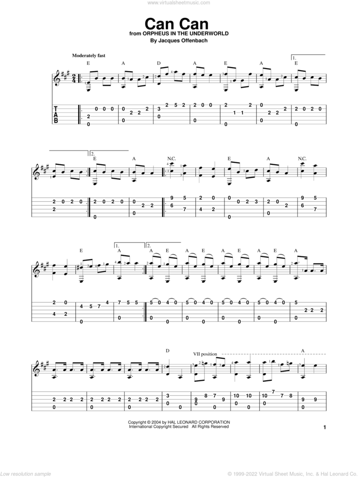 Can Can sheet music for guitar solo by Jacques Offenbach, classical score, intermediate skill level