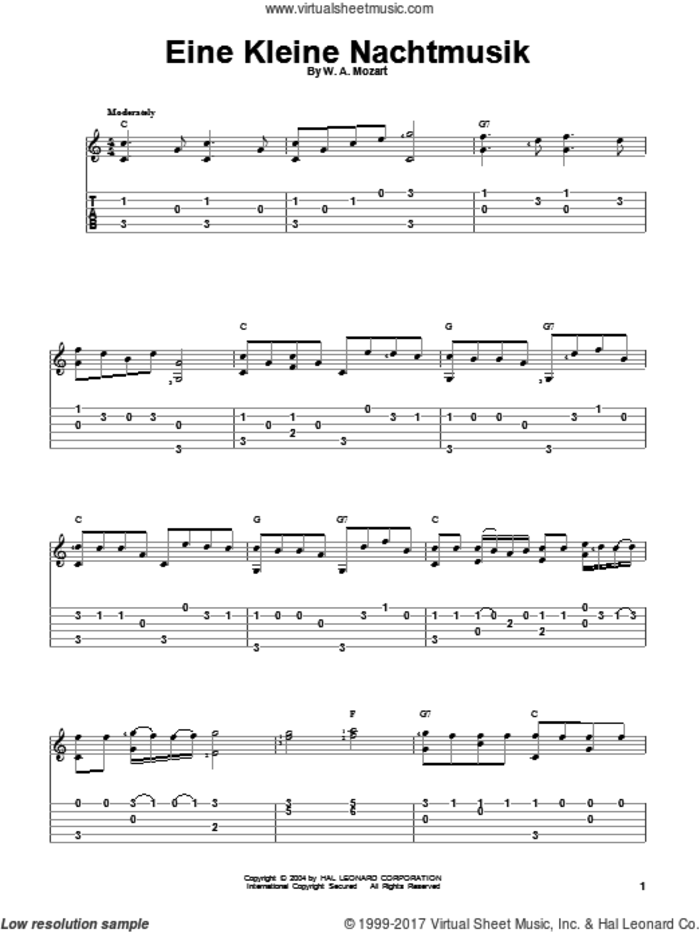 Eine Kleine Nachtmusik sheet music for guitar solo by Wolfgang Amadeus Mozart, classical wedding score, intermediate skill level
