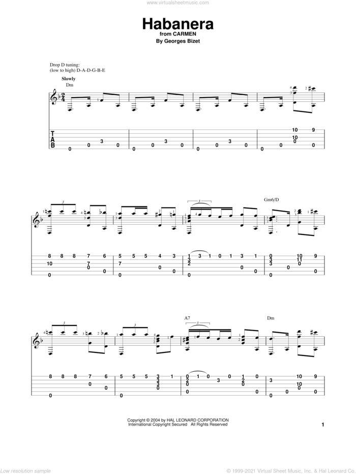 Habanera sheet music for guitar solo by Georges Bizet, classical score, intermediate skill level
