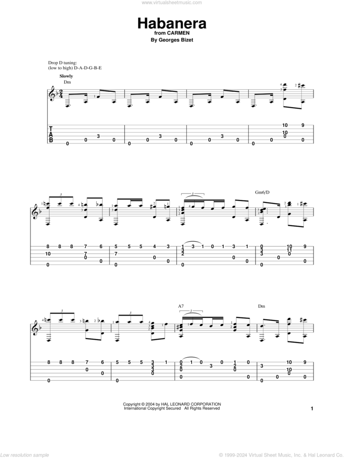 Habanera sheet music for guitar solo by Georges Bizet, classical score, intermediate skill level