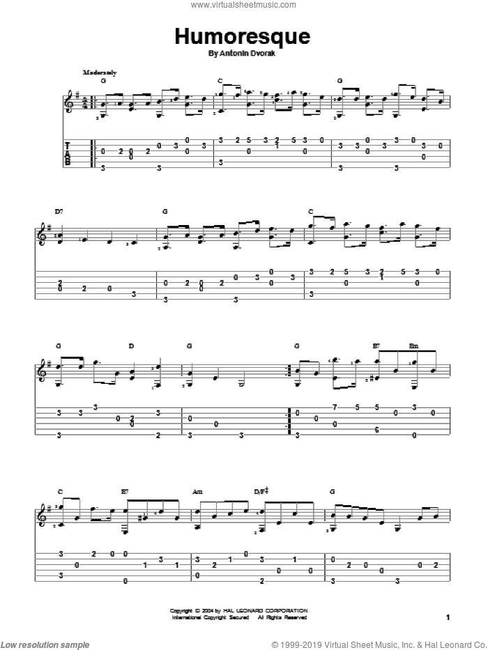 Humoresque sheet music for guitar solo by Antonin Dvorak, classical score, intermediate skill level