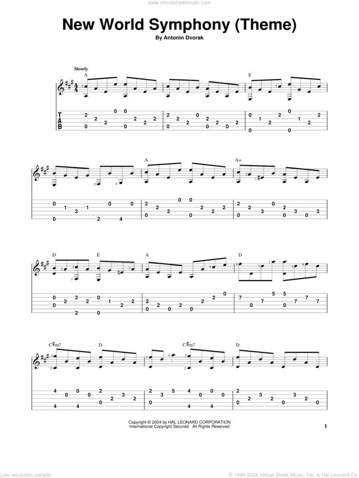 New World Symphony (Theme) sheet music for guitar solo by Antonin Dvorak, classical score, intermediate skill level