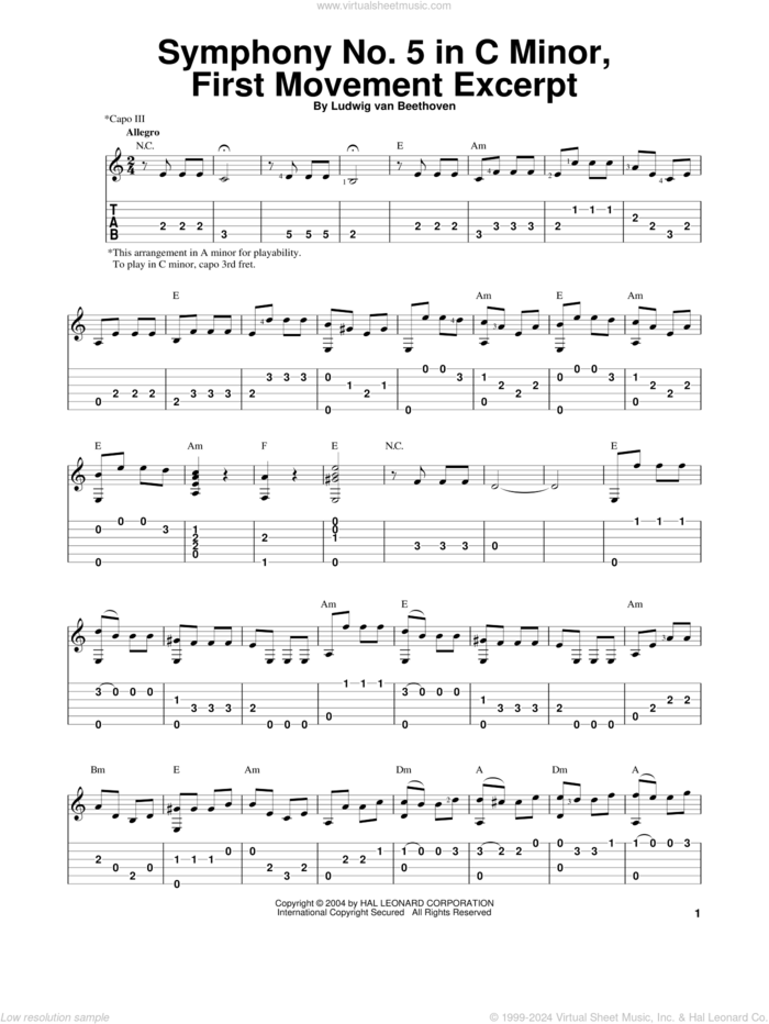 Symphony No. 5 In C Minor, First Movement Excerpt sheet music for guitar solo by Ludwig van Beethoven, classical score, intermediate skill level