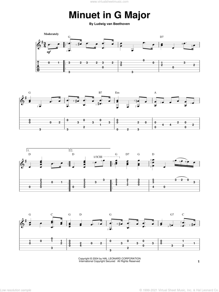 Minuet In G Major sheet music for guitar solo by Ludwig van Beethoven, classical score, intermediate skill level