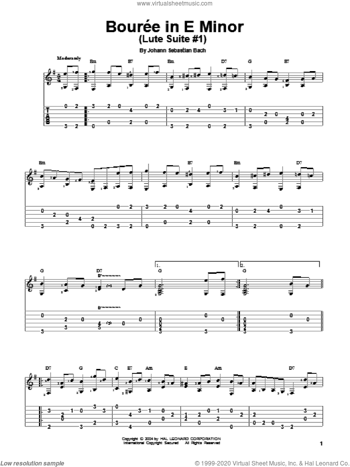 Bourree sheet music for guitar solo by Johann Sebastian Bach, classical score, intermediate skill level