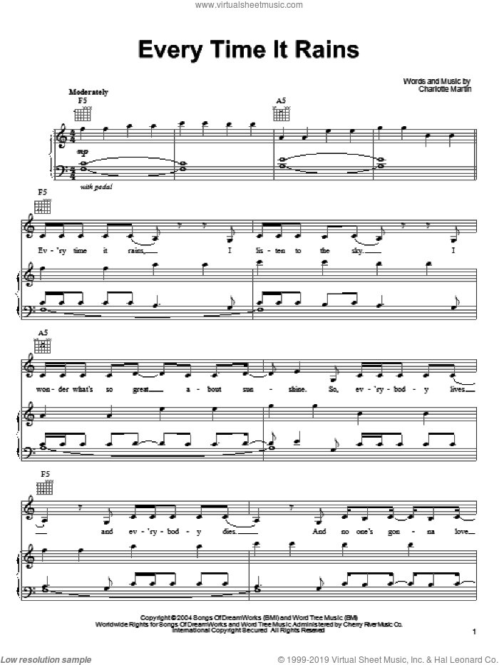 Every Time It Rains sheet music for voice, piano or guitar by Charlotte Martin, intermediate skill level
