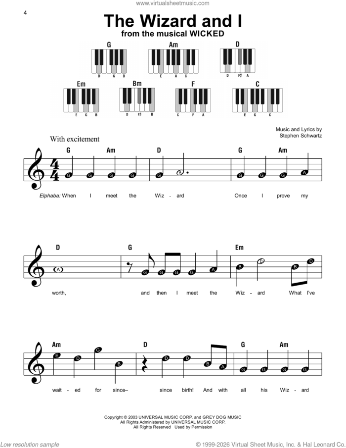 The Wizard And I (from Wicked), (beginner) (from Wicked) sheet music for piano solo by Stephen Schwartz, beginner skill level