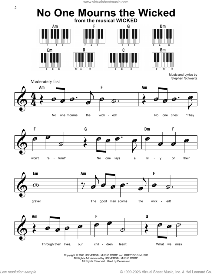 No One Mourns The Wicked (from Wicked), (beginner) sheet music for piano solo by Stephen Schwartz, beginner skill level