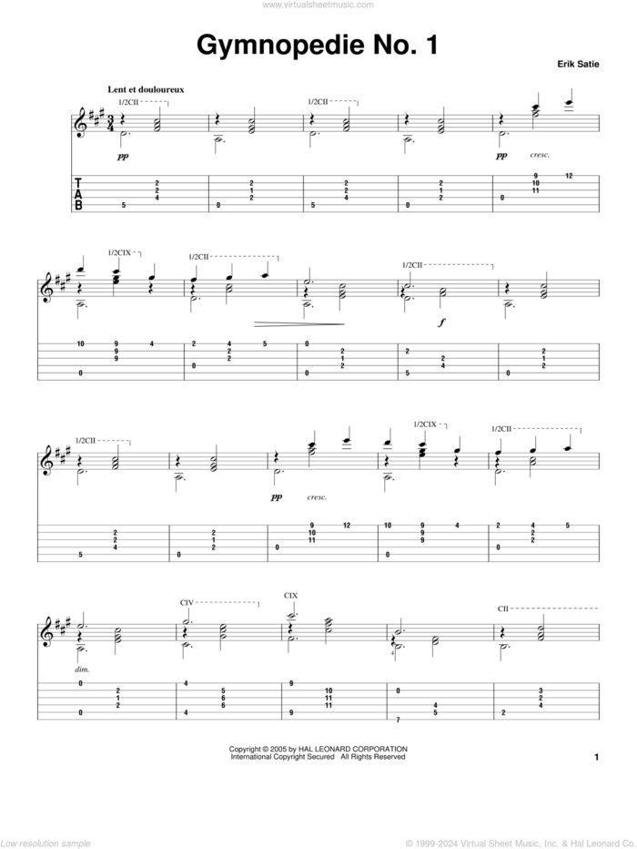 Gymnopedie No. 1 sheet music for guitar solo by Erik Satie, classical wedding score, intermediate skill level