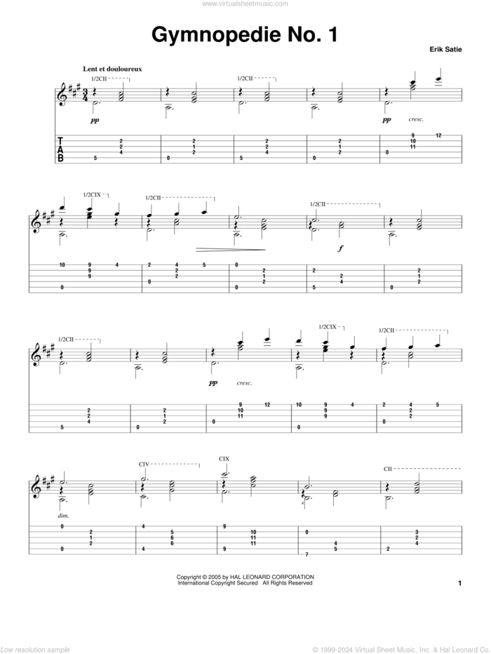 Gymnopedie No. 1 sheet music for guitar solo by Erik Satie, classical wedding score, intermediate skill level