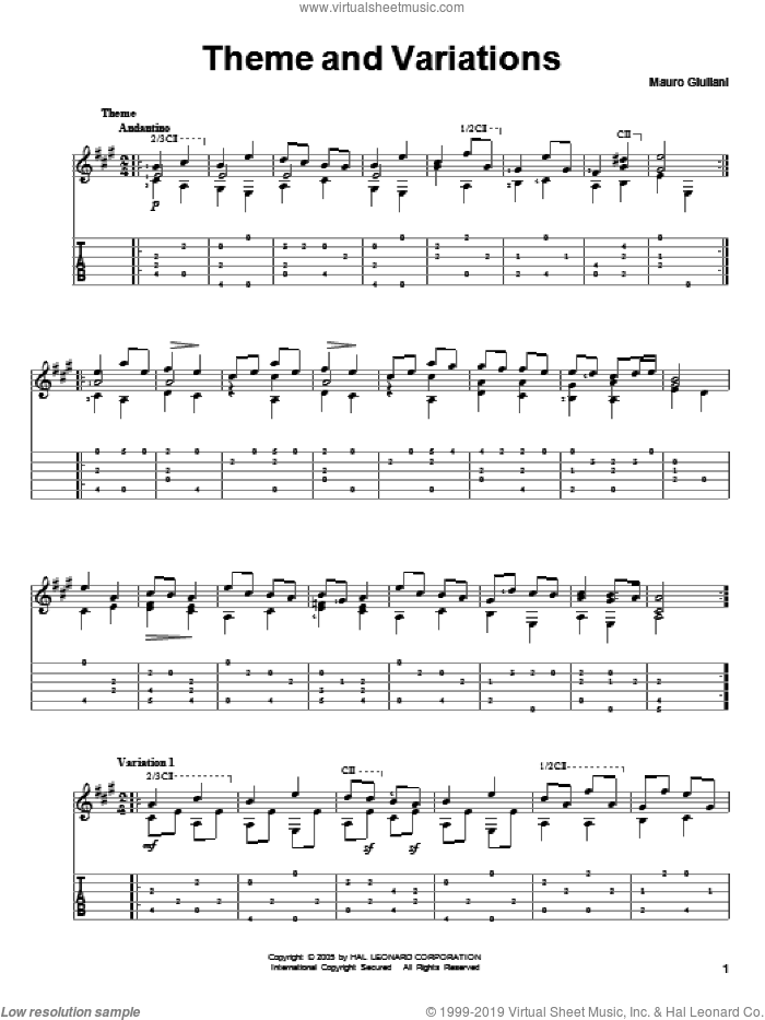 Theme And Variations sheet music for guitar solo by Mauro Giuliani, classical score, intermediate skill level