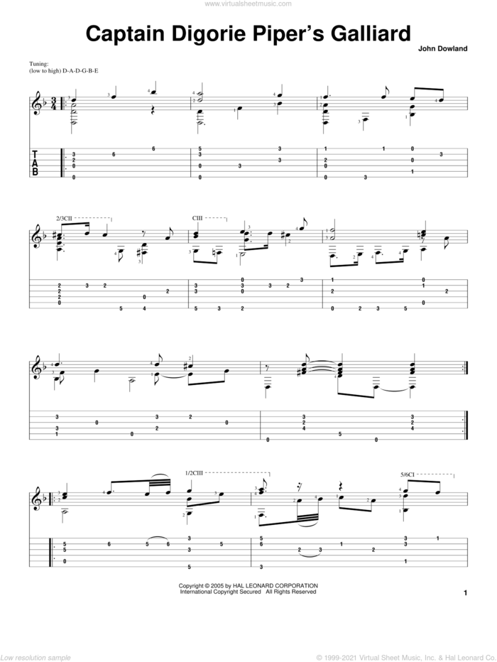 Captain Digorie Piper's Galliard sheet music for guitar solo by John Dowland, intermediate skill level