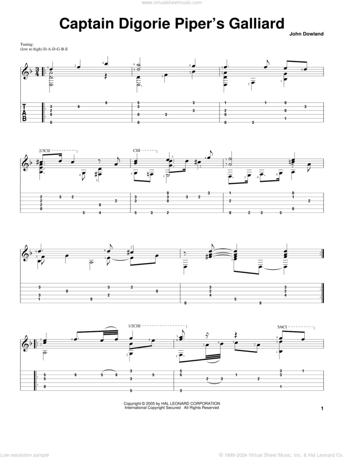 Captain Digorie Piper's Galliard sheet music for guitar solo by John Dowland, intermediate skill level