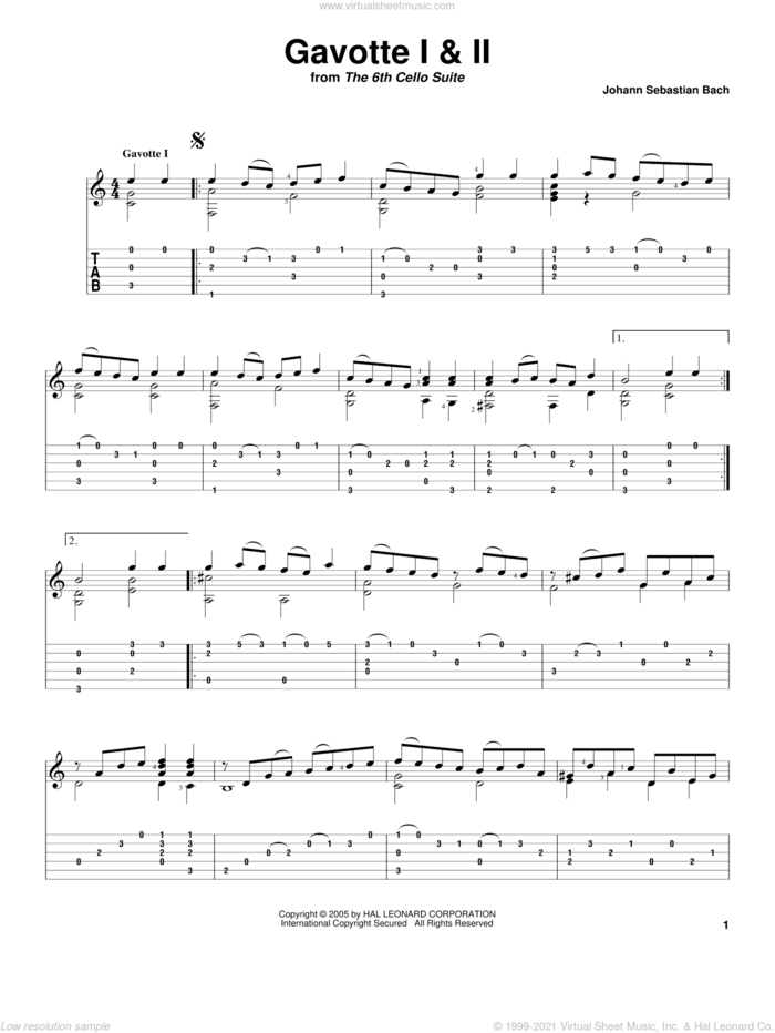 Gavotte I and II (from the 6th Cello Suite) sheet music for guitar solo by Johann Sebastian Bach, classical score, intermediate skill level