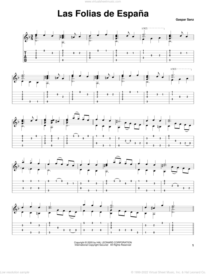 Las Folias de Espana sheet music for guitar solo by Gaspar Sanz, classical score, intermediate skill level