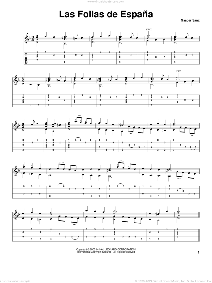 Las Folias de Espana sheet music for guitar solo by Gaspar Sanz, classical score, intermediate skill level