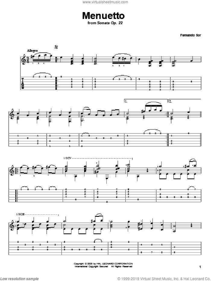 Menuetto (from Sonata Op. 22) sheet music for guitar solo by Fernando Sor, classical score, intermediate skill level