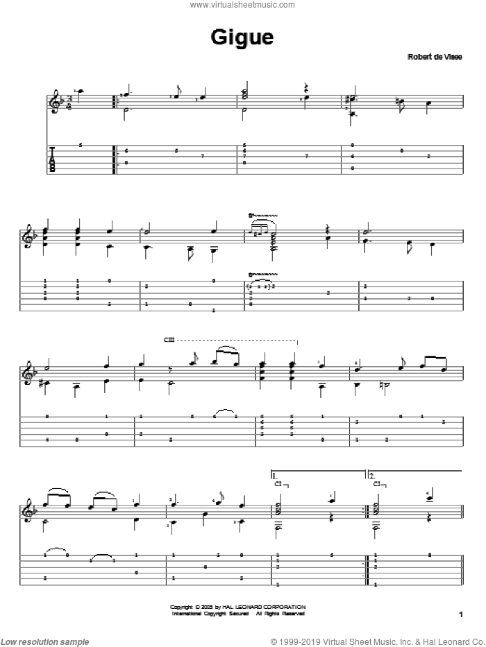 Gigue sheet music for guitar solo by Robert de Visee, classical score, intermediate skill level