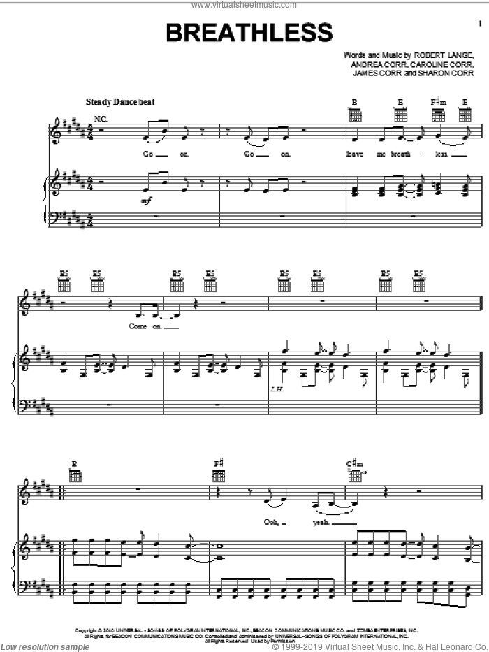 Breathless sheet music for voice, piano or guitar by The Corrs, Andrea Corr, Caroline Corr, James Corr, Robert John Lange and Sharon Corr, intermediate skill level