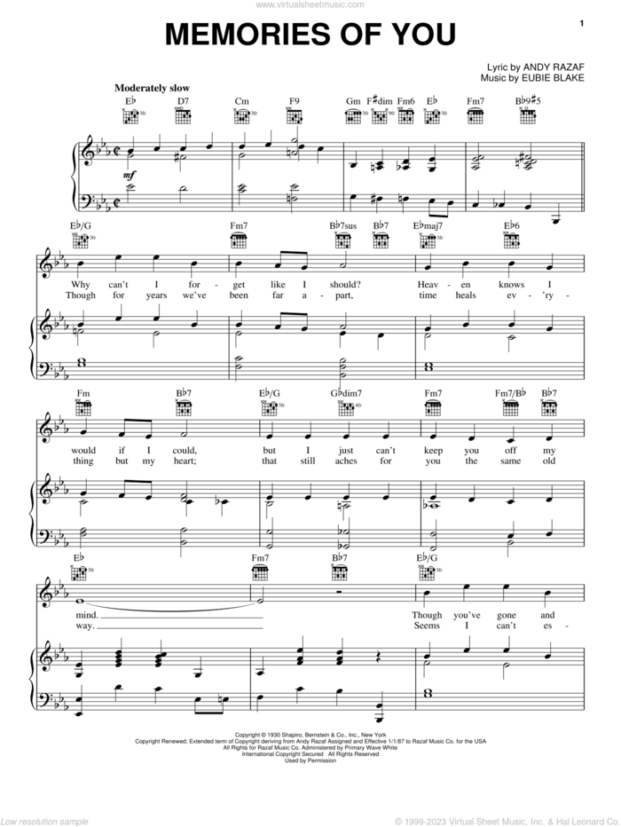 Memories Of You sheet music for voice, piano or guitar by Rosemary Clooney, Andy Razaf and Eubie Blake, intermediate skill level