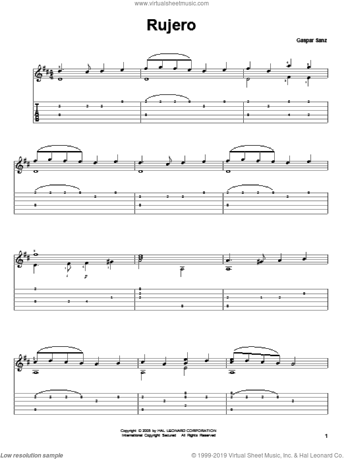 Rujero sheet music for guitar solo by Gaspar Sanz, classical score, intermediate skill level