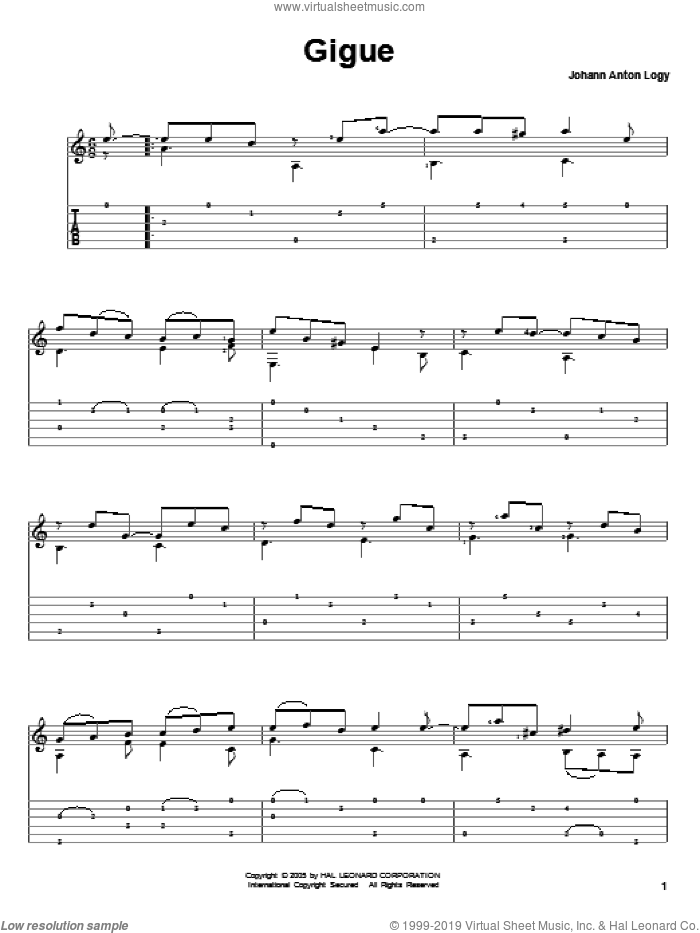Gigue sheet music for guitar solo by Johann Anton Logy, classical score, intermediate skill level