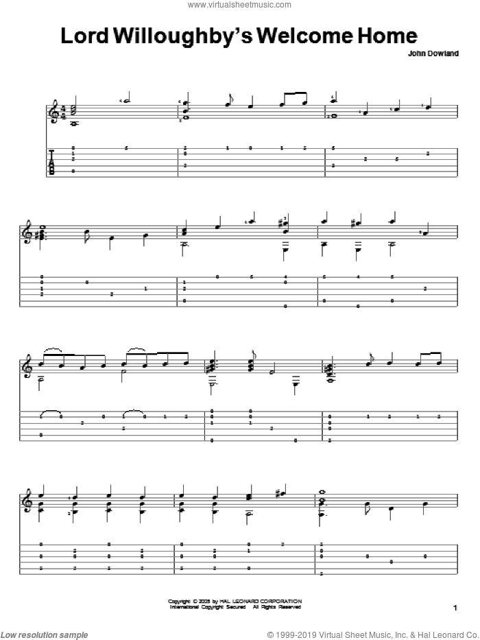 Lord Willoughby's Welcome Home sheet music for guitar solo by John Dowland, intermediate skill level