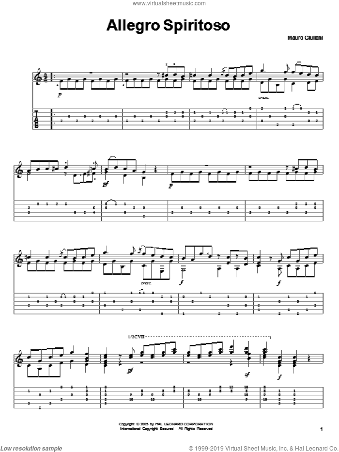 Allegro Spiritoso sheet music for guitar solo by Mauro Giuliani, classical score, intermediate skill level