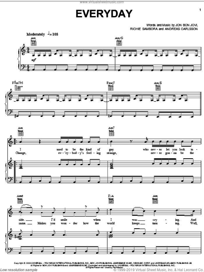 Everyday sheet music for voice, piano or guitar by Bon Jovi, Andreas Carlsson and Richie Sambora, intermediate skill level
