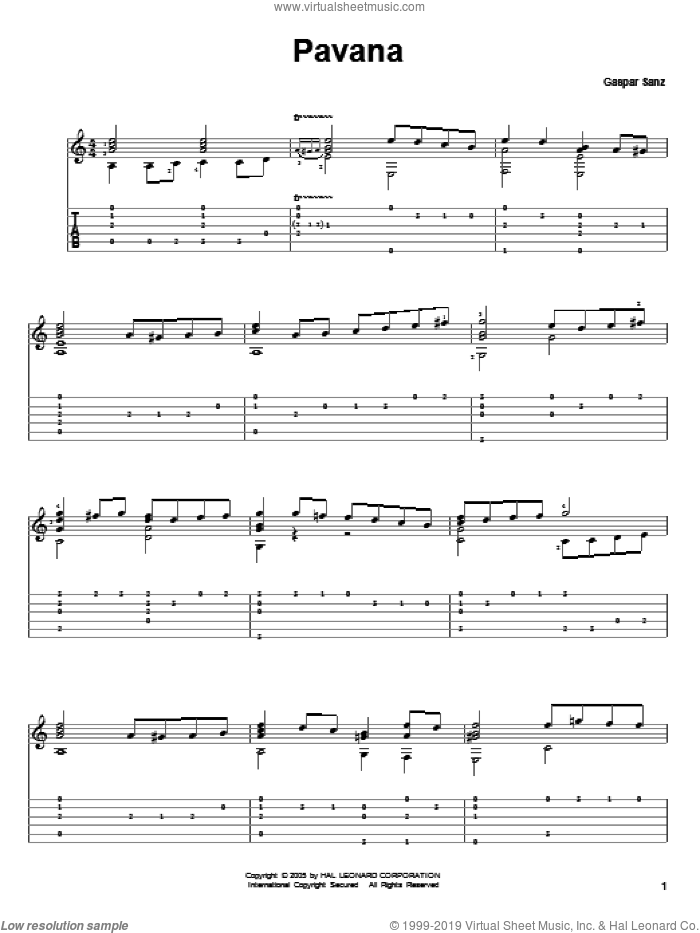 Pavana sheet music for guitar solo by Gaspar Sanz, classical score, intermediate skill level