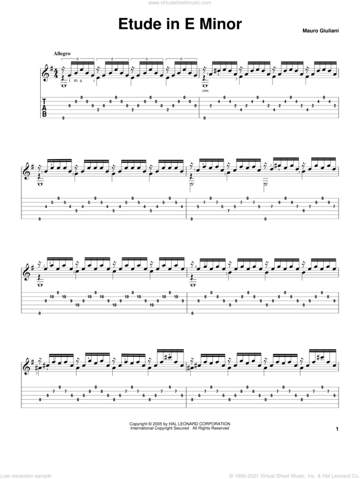 Etude In E Minor sheet music for guitar solo by Mauro Giuliani, classical score, intermediate skill level