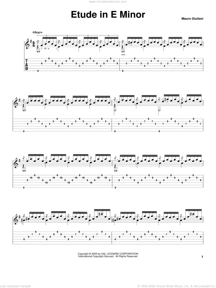 Etude In E Minor sheet music for guitar solo by Mauro Giuliani, classical score, intermediate skill level