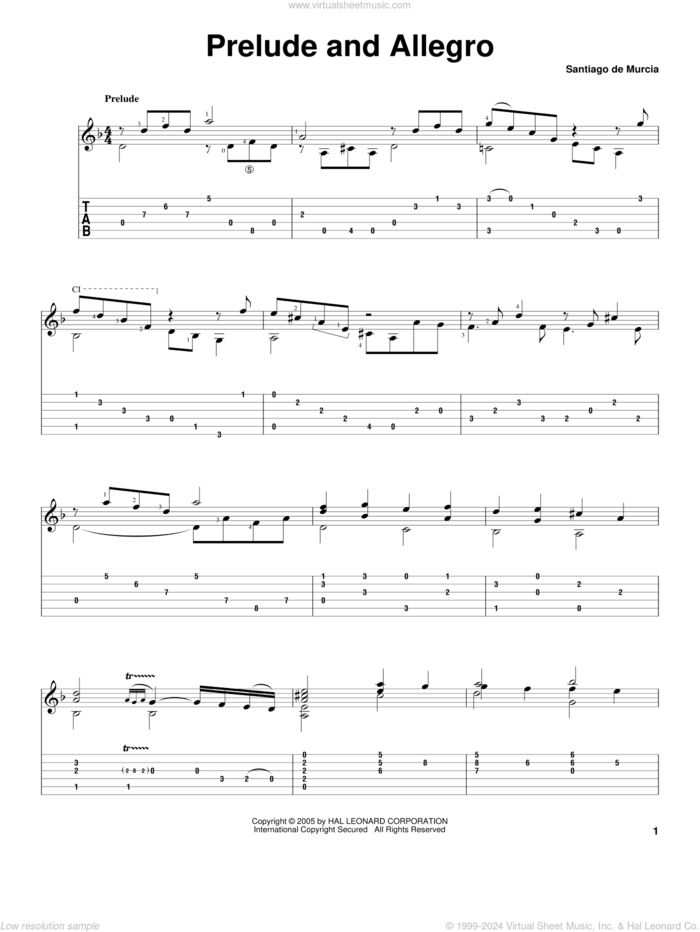 Prelude And Allegro sheet music for guitar solo by Santiago de Murcia, classical score, intermediate skill level