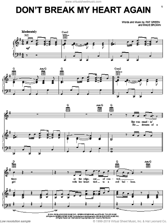 Don't Break My Heart Again sheet music for voice, piano or guitar by Pat Green and Wade Brown, intermediate skill level