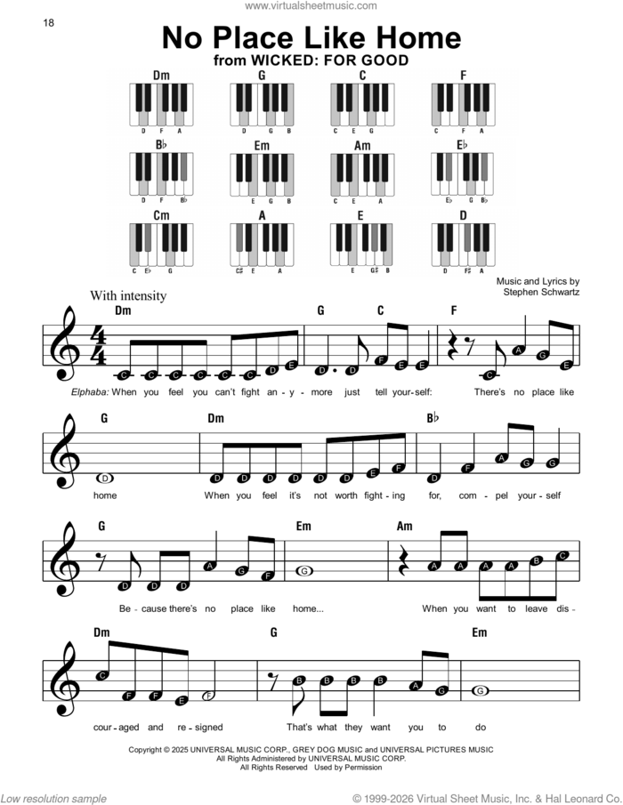No Place Like Home (from Wicked: For Good) sheet music for piano solo by Stephen Schwartz, beginner skill level