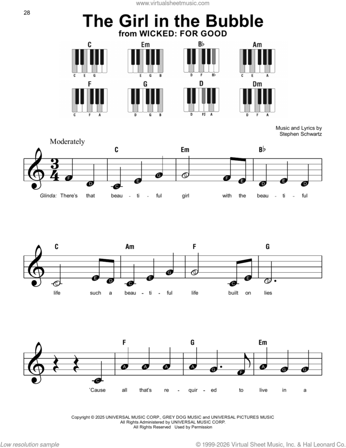 The Girl In The Bubble (from Wicked: For Good) sheet music for piano solo by Stephen Schwartz, beginner skill level
