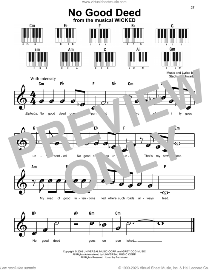 No Good Deed (from Wicked: For Good) sheet music for piano solo by Stephen Schwartz, beginner skill level