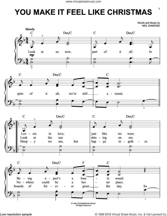 You Make It Feel Like Christmas sheet music for piano solo by Neil Diamond, easy skill level