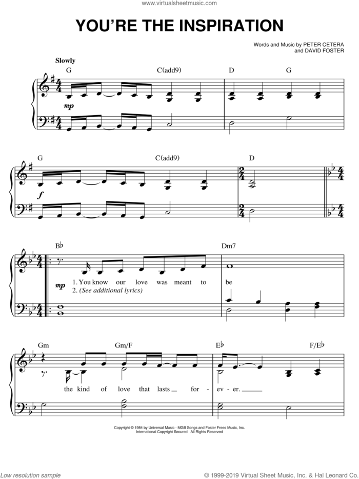 You're The Inspiration sheet music for piano solo by Chicago, David Foster and Peter Cetera, wedding score, easy skill level