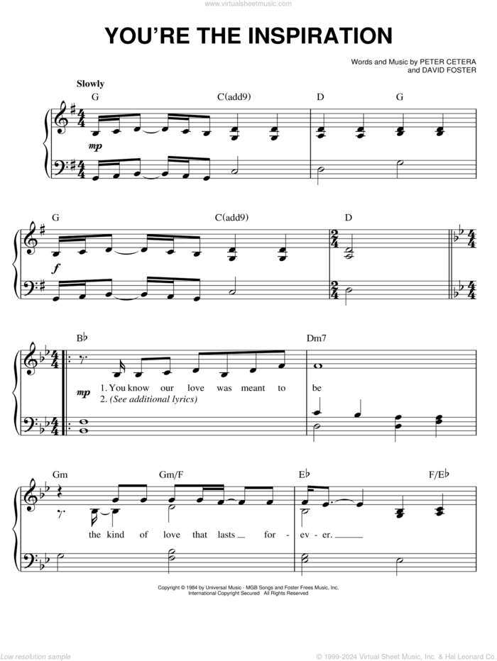 You're The Inspiration sheet music for piano solo by Chicago, David Foster and Peter Cetera, wedding score, easy skill level