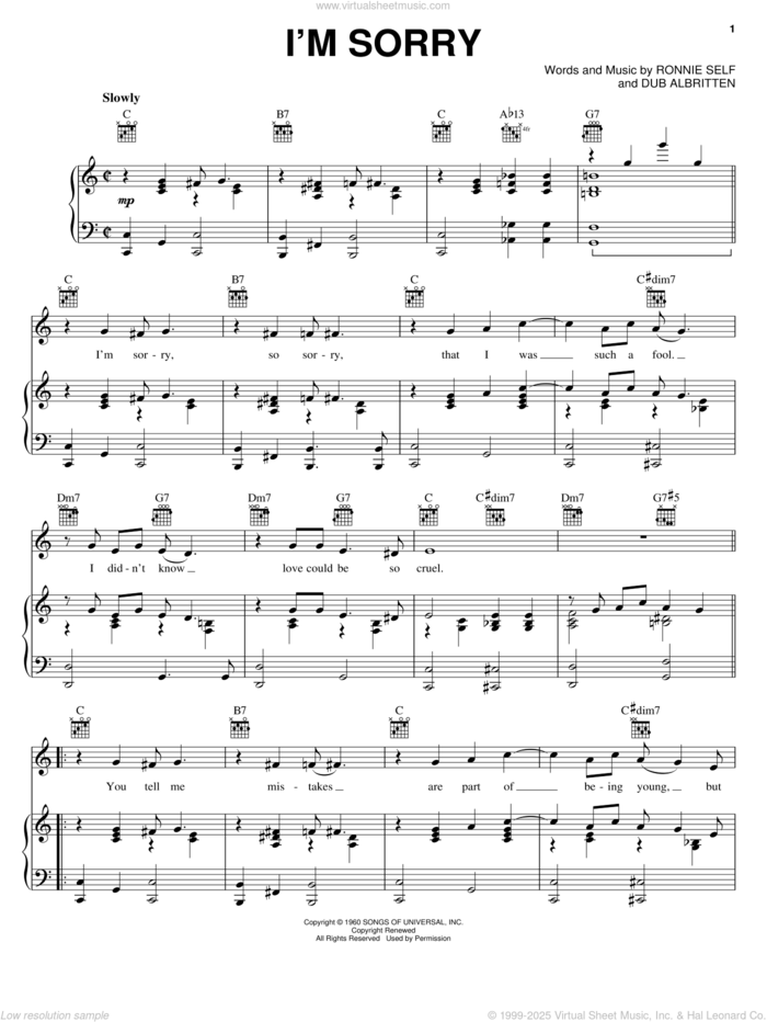 I'm Sorry sheet music for voice, piano or guitar by Brenda Lee, Dub Albritten and Ronnie Self, intermediate skill level