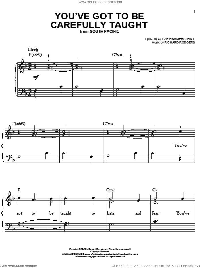 You've Got To Be Carefully Taught sheet music for piano solo by Rodgers & Hammerstein, South Pacific (Musical), Oscar II Hammerstein and Richard Rodgers, easy skill level